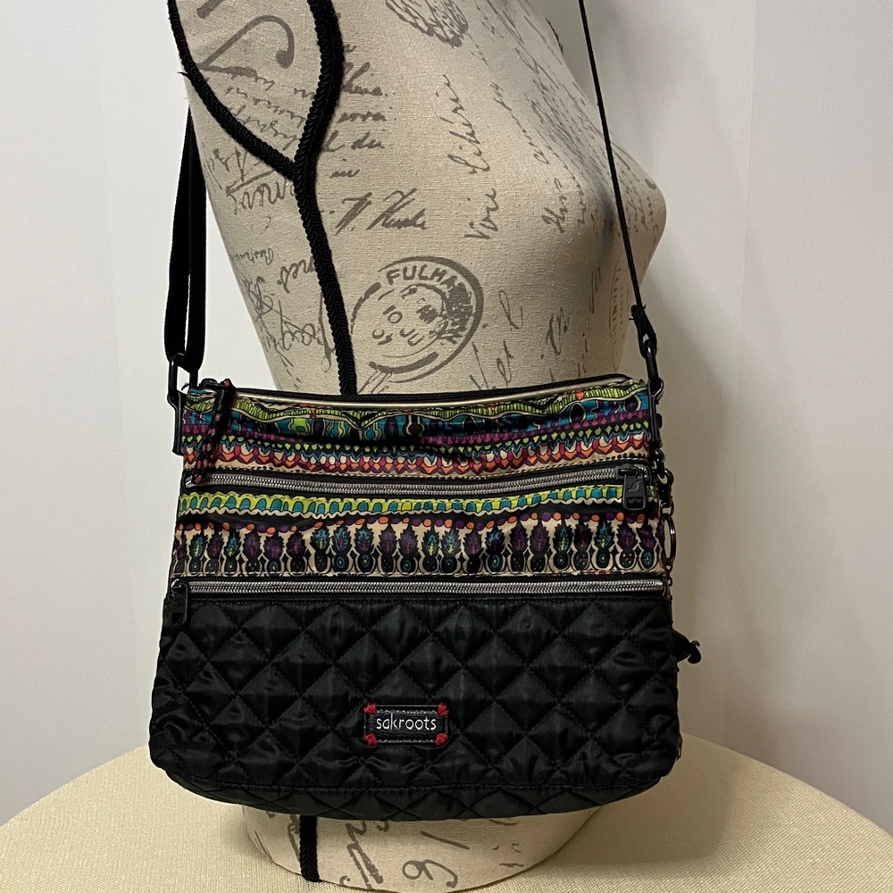 Sakroots Artist Circle One World Quilted Peace Crossbody Bag Black